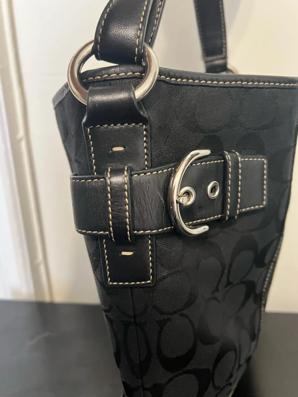 Coach Black Signature Jacquard Shoulder Bag with Buckle Accents